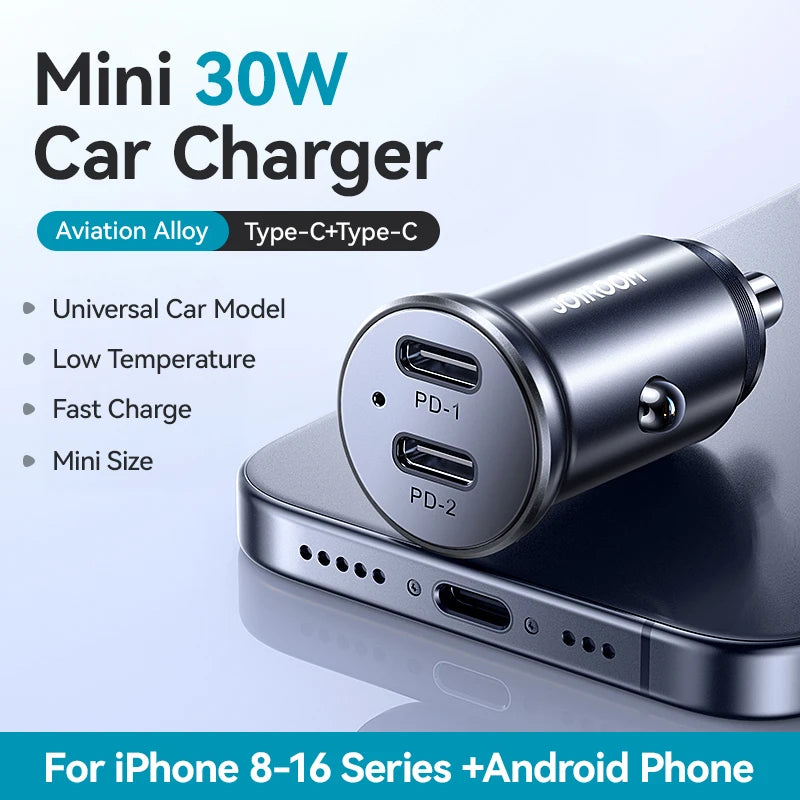 Joyroom 30W Mini Car Charger PD QC3.0 USB Type-C Fast Charging Car Charger Dual Ports Phone Charger For iPhone Samsung Galaxy