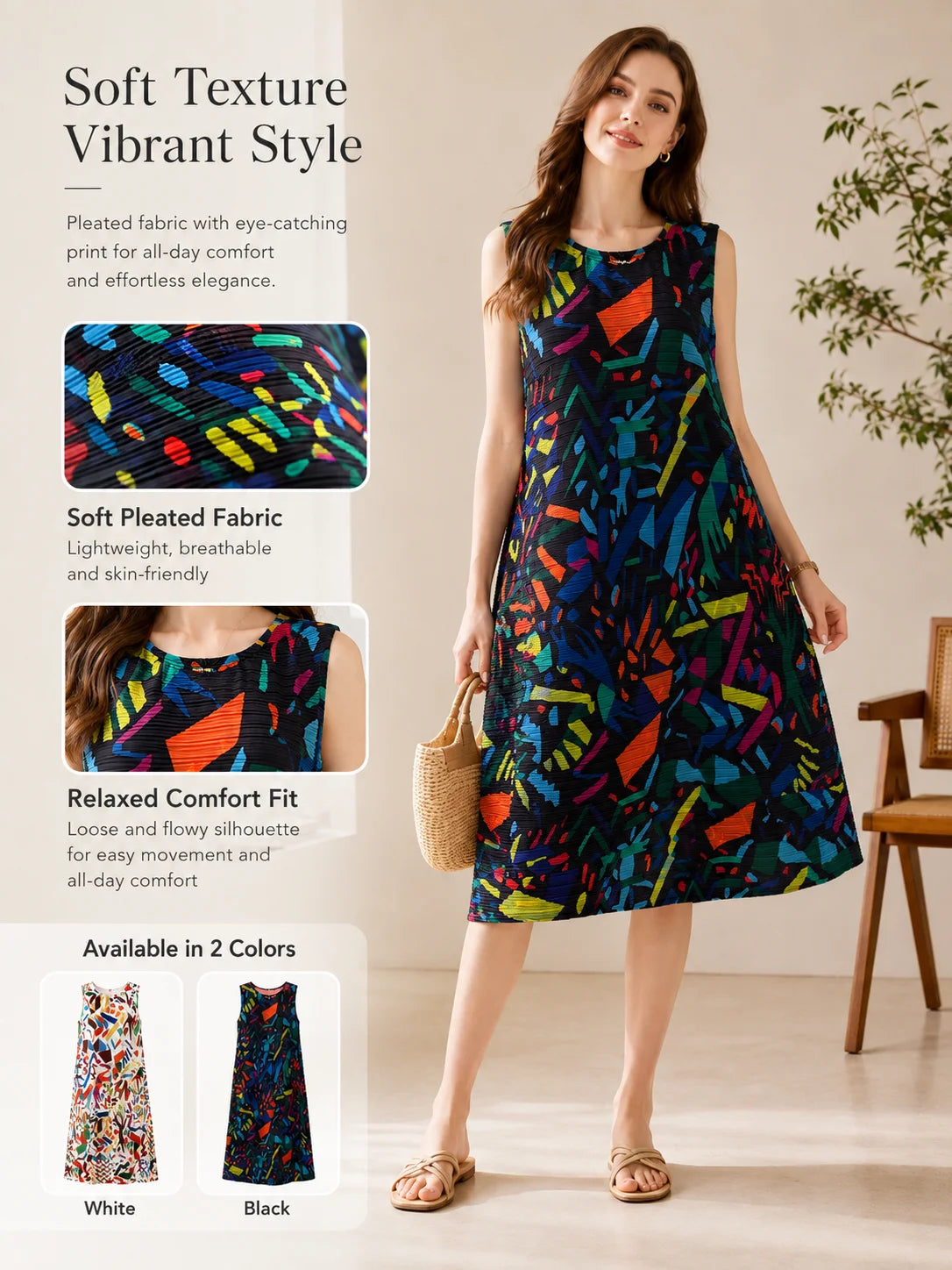 Women Pleated Sleeveless Midi Dress, Abstract Geometric Colorful Art Print Loose A‑Line Tank Dress Round Neck Casual Summer Vacation Party Midi Dresses for Ladies