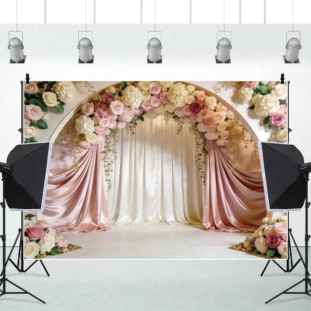 Pink Floral Wedding Backdrop Rose Arch Satin Drapery Photography Background for Bridal Shower Ceremony Photo Booth Decor