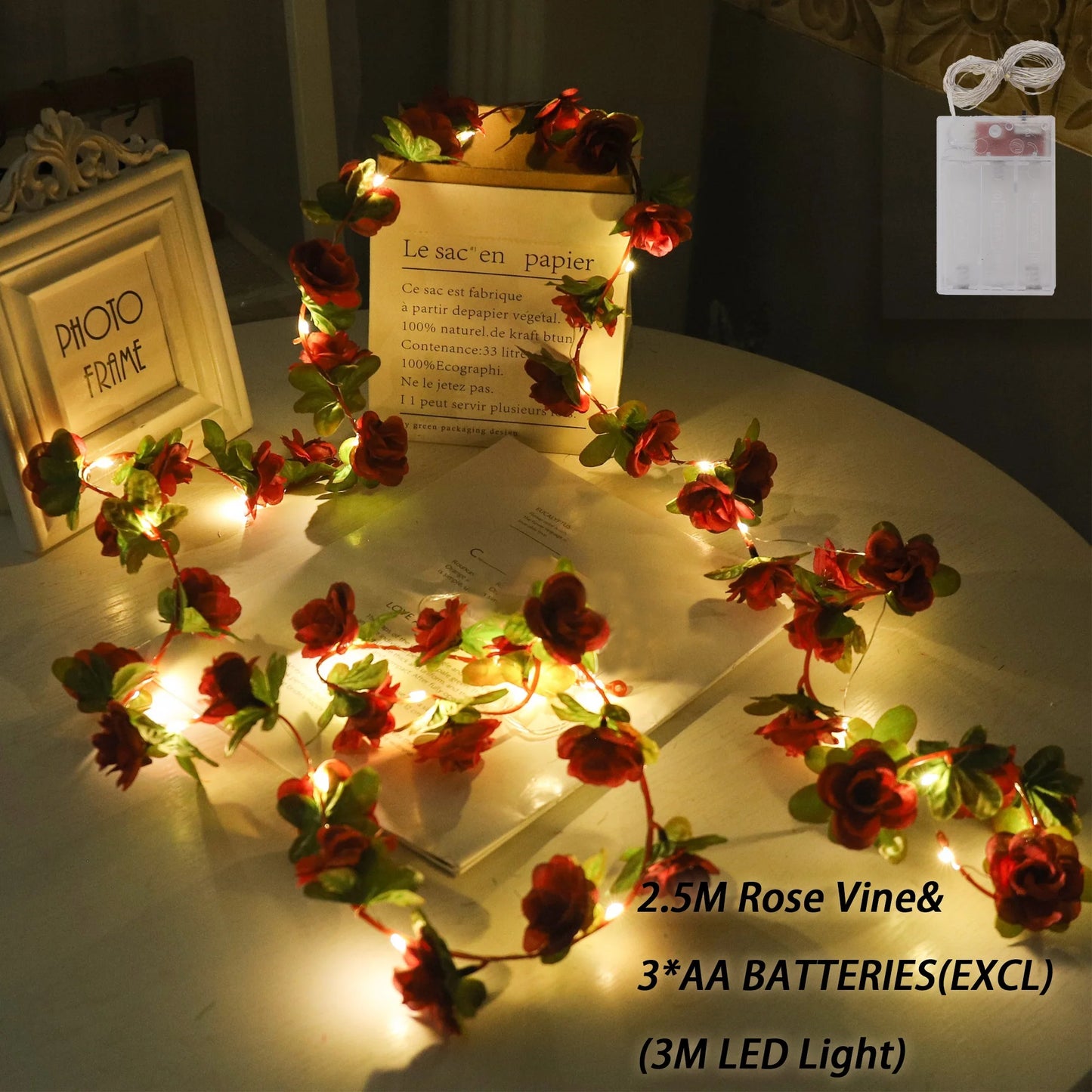 Rose LED Lights String Artificial Flowers Ivy Leaves Wedding Garland Home Room Decoration Arch Hanging Wall Garden Party Decor