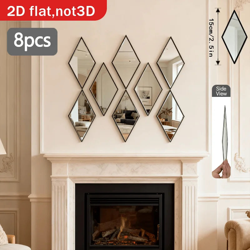 8PCS Geometric Rhombic Spliced Wall-mounted Decorative Mirrors, Art-shaped Wall Mirrors, Wall Decor in LivingRoom, Bedrooms