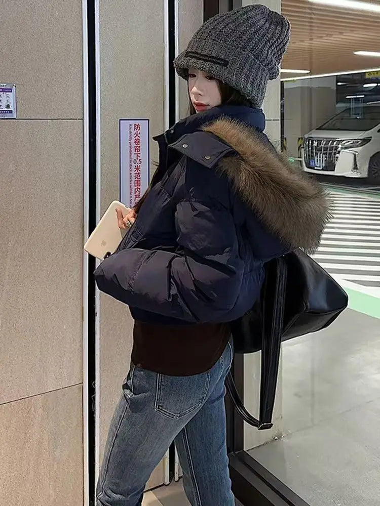 American Retro Fur Collar Warm Solid Color Women Hooded Cotton Coat Ins Winter Loose Casual Slim Cotton Coat Jackets