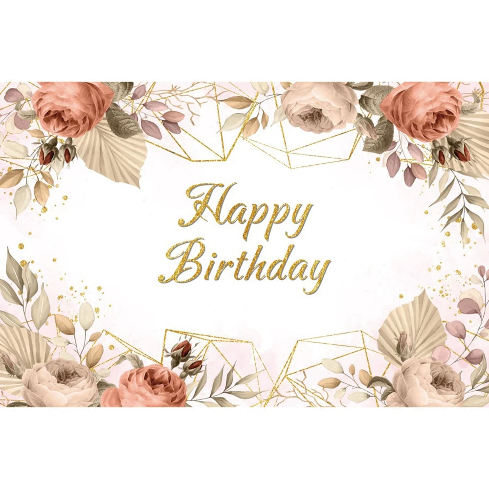 Happy Birthday Backdrop Gold Frame Frame Flower Butterfly Baby Shower Adult Anniversary Birthday Party Photography Background