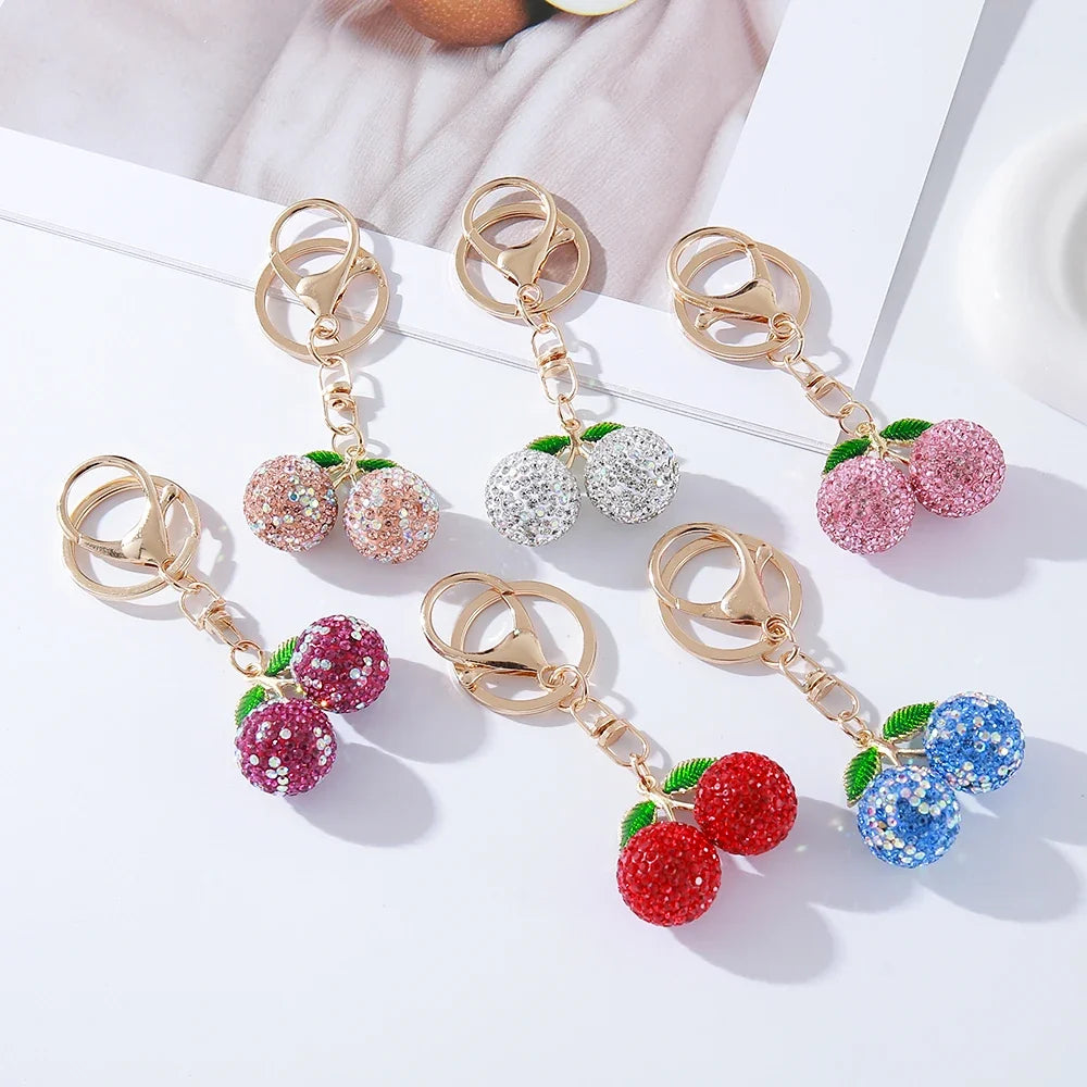 Full Rhinestones Cherry Keychain Couple Keychain Girl Decoration Small Pendant Car Key Ring Student Bag Pendant