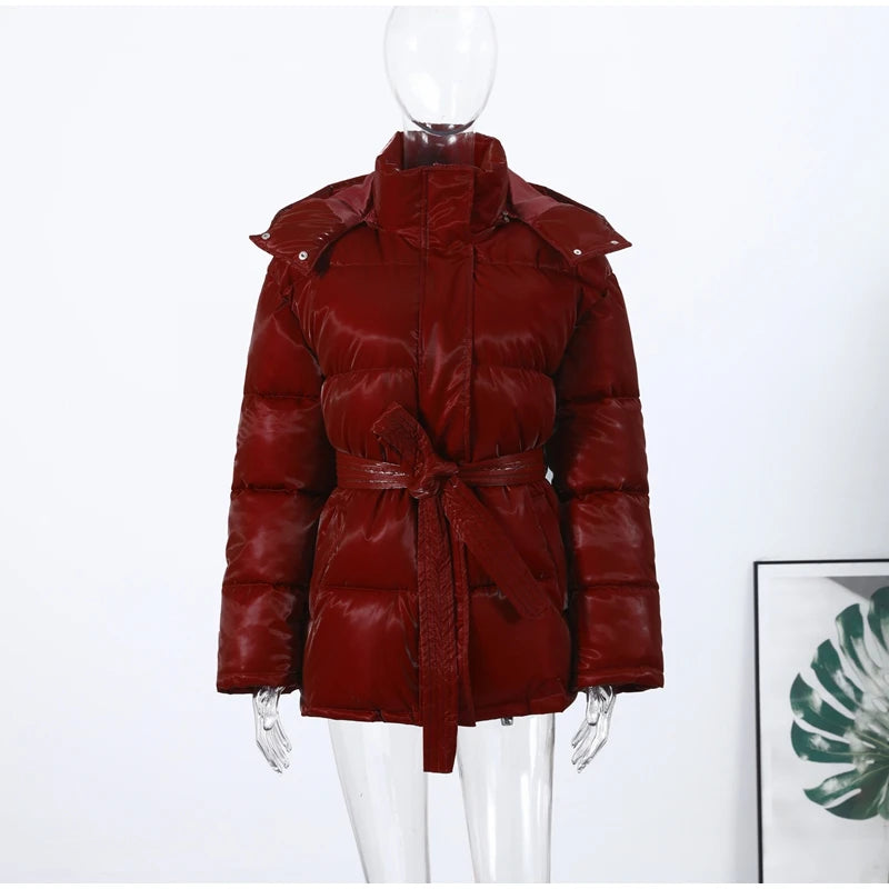 Warm Glossy Hooded Lace-up Cotton Coats Women's Casual Zipper Bottons Belted Overcoat 2026 Winter New Female Solid Streetwear