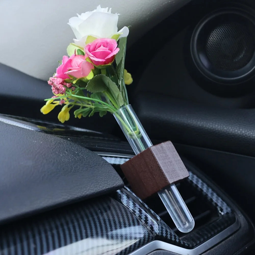 Hydroponic Plant Holder Car Air Vent Flower Decoration Rack Auto Interior Ornament Black Brown Wood Simple Elegant Accessory