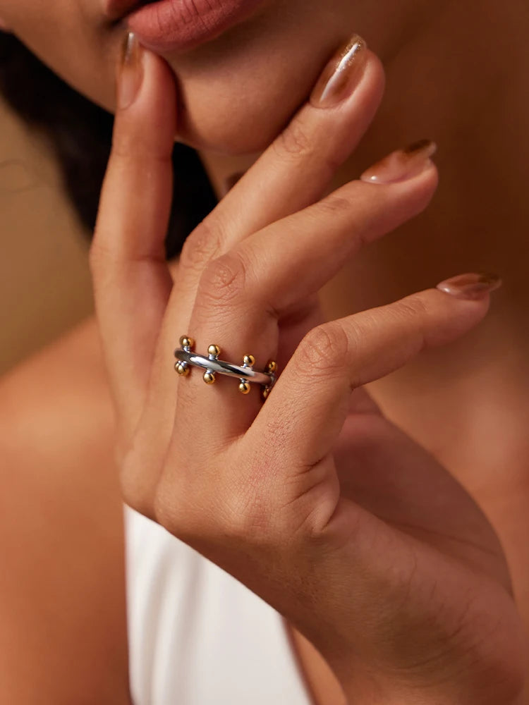 Punk Beads Finger Rings For Women PVD 18K Gold Plated Anti-fading Ring Simple Minimalist Fashion Jewelry OEM/ODM Supplier