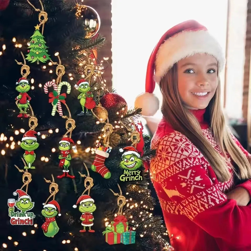 18Pcs 2D Wooden Christmas Tree Green Monsters Ornaments Cute Green Monsters Christmas Tree Pendants Christmas Cartoon Ornaments