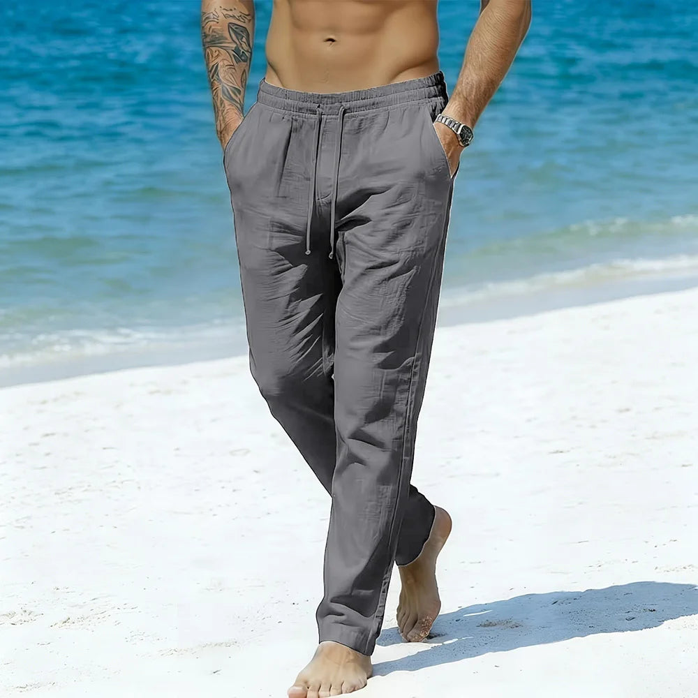 Men's Casual Pants Vacation Beach Style Cotton Linen Lightweight Solid Color Breathable Straight Leg Fashion Cozy Long Pants