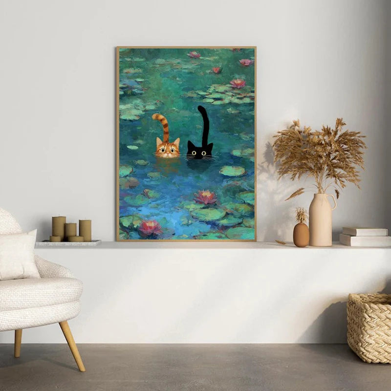 Monet Inspired Art Print, Whimsical Cat Poster Funny Cat Wall Art for Living Room Home Decoration