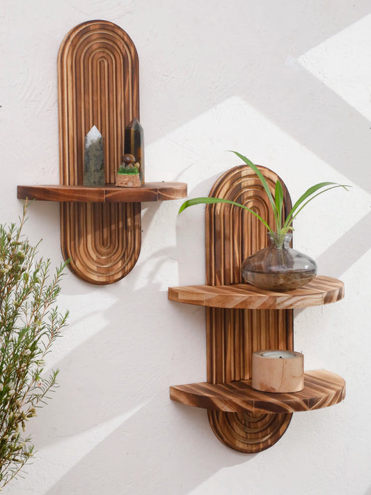 1,2-tier Wooden Wall Shelves, Arch Shape Decorative Plant Holder Rack for Living Room Bedroom, Boho Rustic Home Wall Decor Shelf