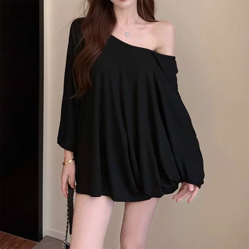 Solid Oversized T-shirt for Women's Casual Loose Top Fashion Bat Sleeves Simple Sexy Off Shoulder Korean Baggy T shirts Autumn