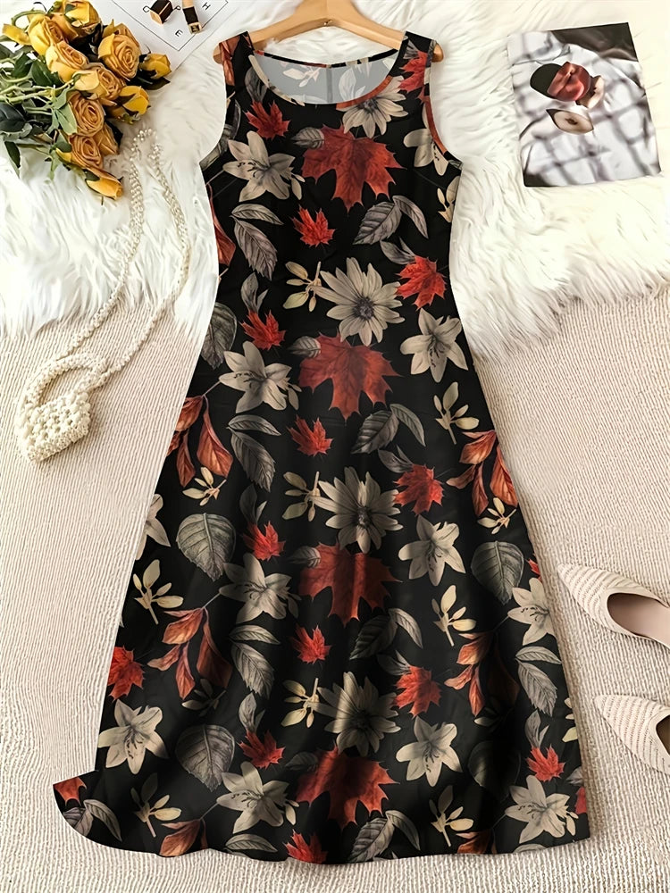 Summer Fashion Round-Neck Women's Dresses Botanical Floral Color-Blocked Patchwork Dresses Travel Party and Beach Dresses