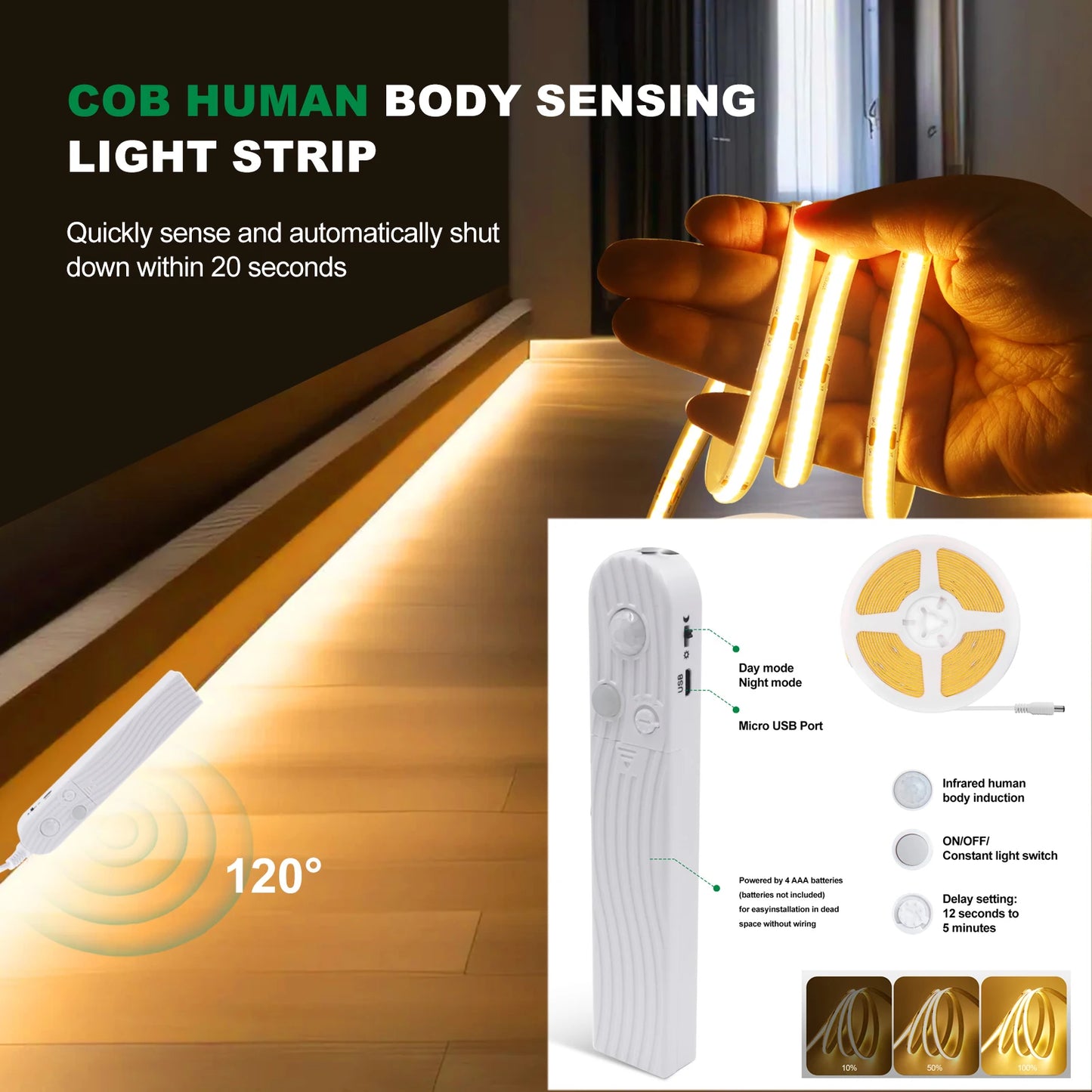 3MM 5MM 8MM COB LED Strip 5V 320LEDs/m PIR Motion Sensor Flexible Tape USB/Battery Powered Under Cabinet Kitchen Lighting Strip