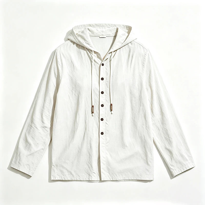 2026 New Men Cotton Linen Hooded Long Sleeve Shirt Drawstring Hood Casual Beach Vacation Travel Daily Walking Button Down Blouse