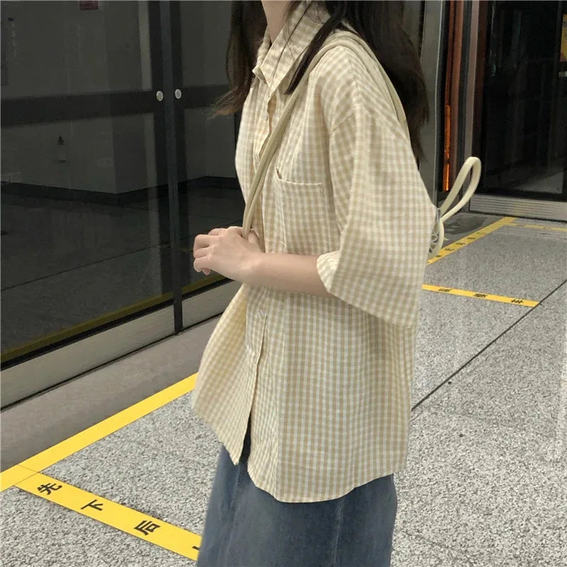 Plaid Shirts for Women Youthful Commuting Fresh Pocket Summer Autumn Short Sleeve Tops Tender Hipster Vintage American Style