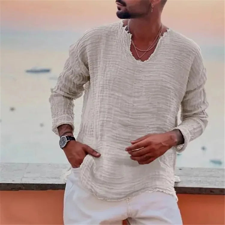 Spring and Summer Men's Viking Style Summer Shirts for Beach Wear Casual Shirts Pure Fake Cup-shaped Long Sleeved V-neck Tops