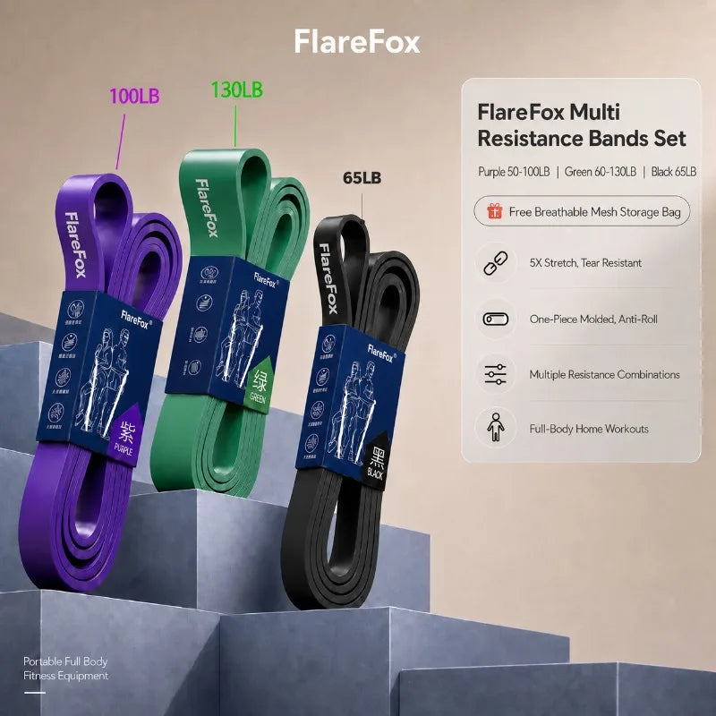 FlareFox Multiple Resistance Bands Set Pull-up Assist Straps Strength Agility Training Handy Gym Equipment for Home CrossFit
