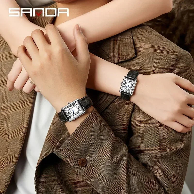 SANDA 9031/1108 Resistant Leather Strap Square Dial Waterproof Sport Casual Women Men Quartz Watches Reloj Luxury Couple Watch