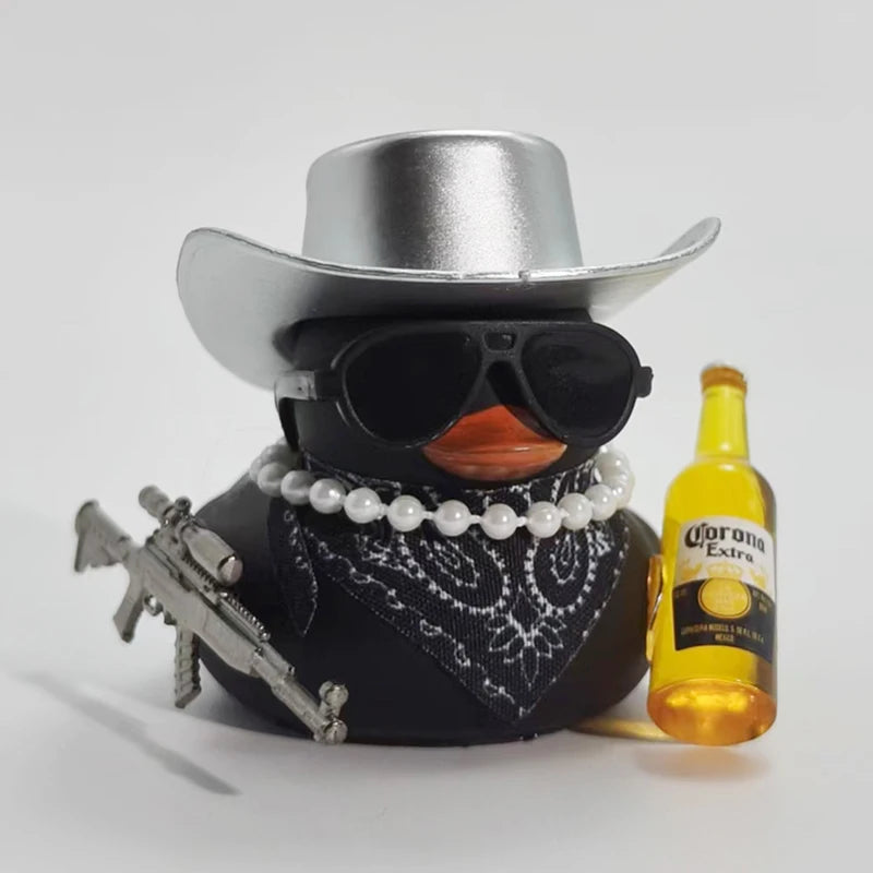 Cute Fortunate Rich Duck Car Dashboard Decoration Yellow Black Duck with Cowboy Hat Scarf Bottle for Women Men Car Ornament