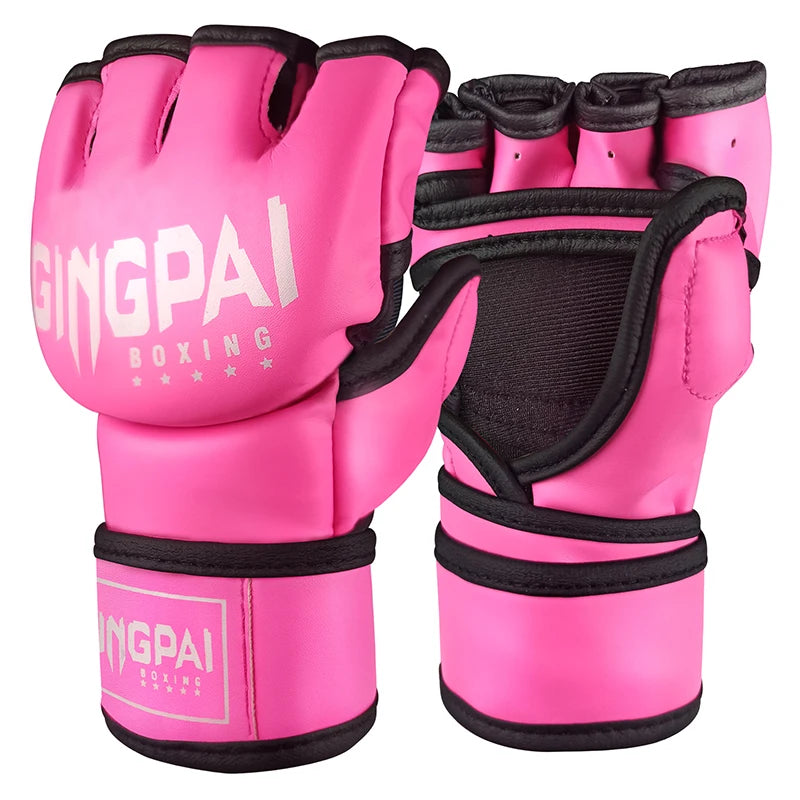 GINGPAI Half Finger Boxing Gloves PU Leather MMA Fighting Kick Boxing Gloves Karate Muay Thai Training Workout Gloves Men