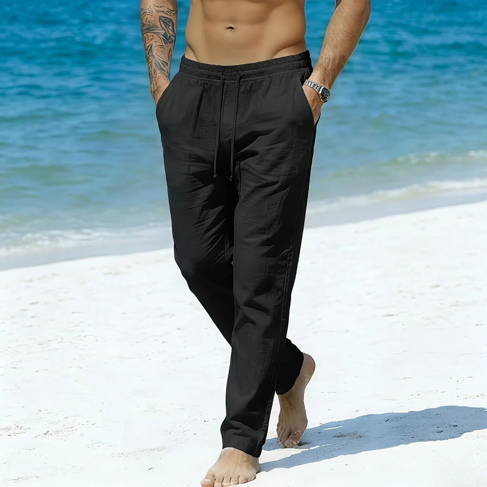 Men's Cotton Linen Long Pants Solid Color Breathable Lightweight Beach Style Vacation Cozy Long Pants Elastic Waist Trousers