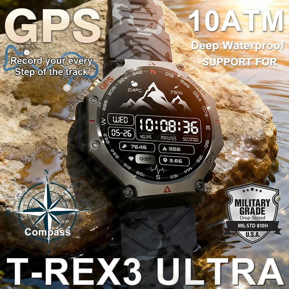 T-Rex 3 Ultra Military Grade GPS Smart Watch 10ATM Waterproof Compass Altimeter Barometric AMOLED Men HD Call Sports Smartwatch