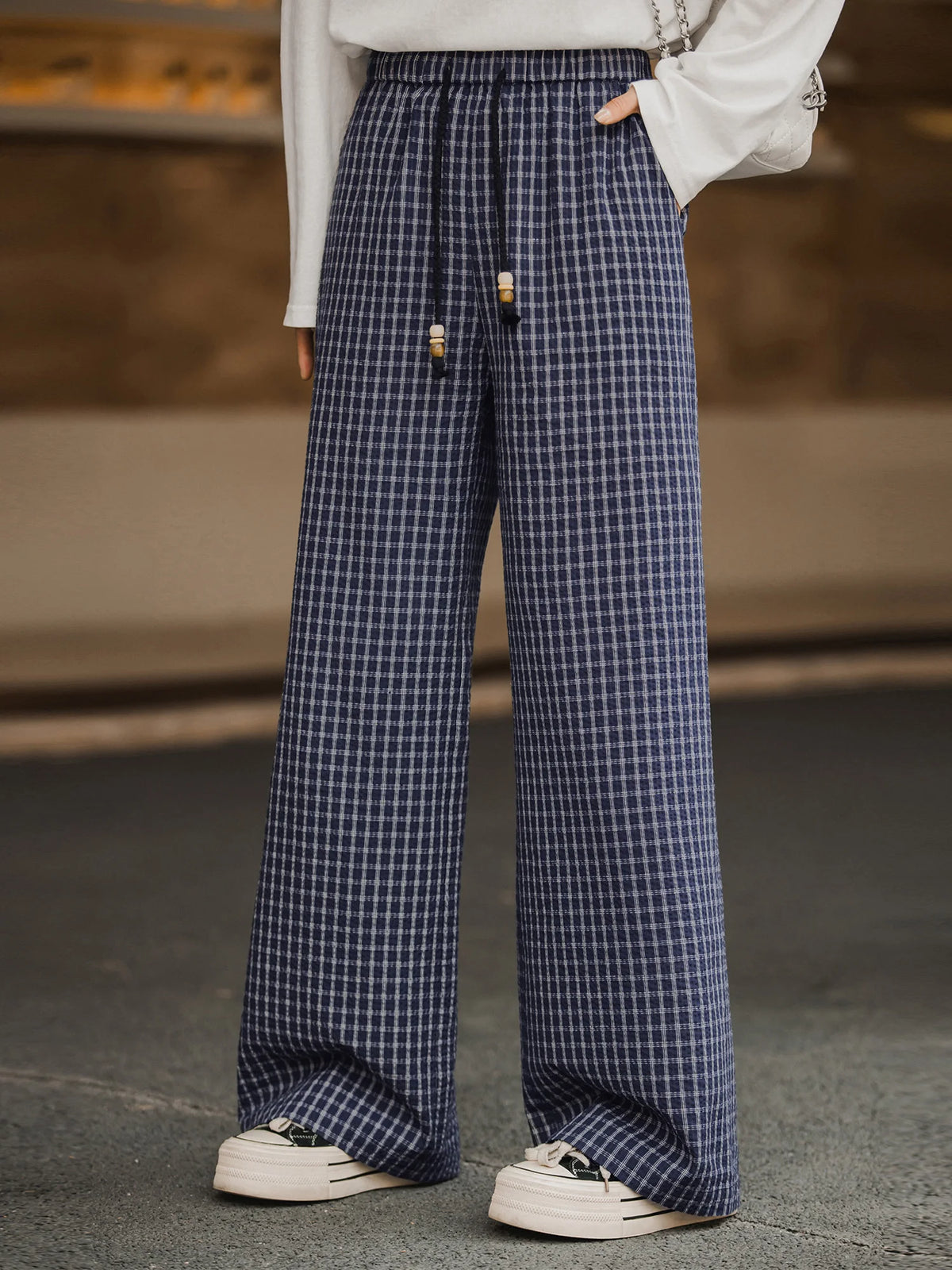 XIAOGULI Blue Plaid Wide Leg Pants Women Cotton High Waist Drawstring Trousers 2026 Petite Regular 2 Types Casual Long Pants