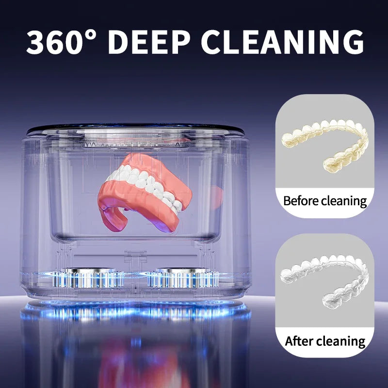Ultrasonic Retainer Cleaner Machine 45kHz for Dentures Braces Mouth Guard - Portable Dental Pod with UV for Travel Case