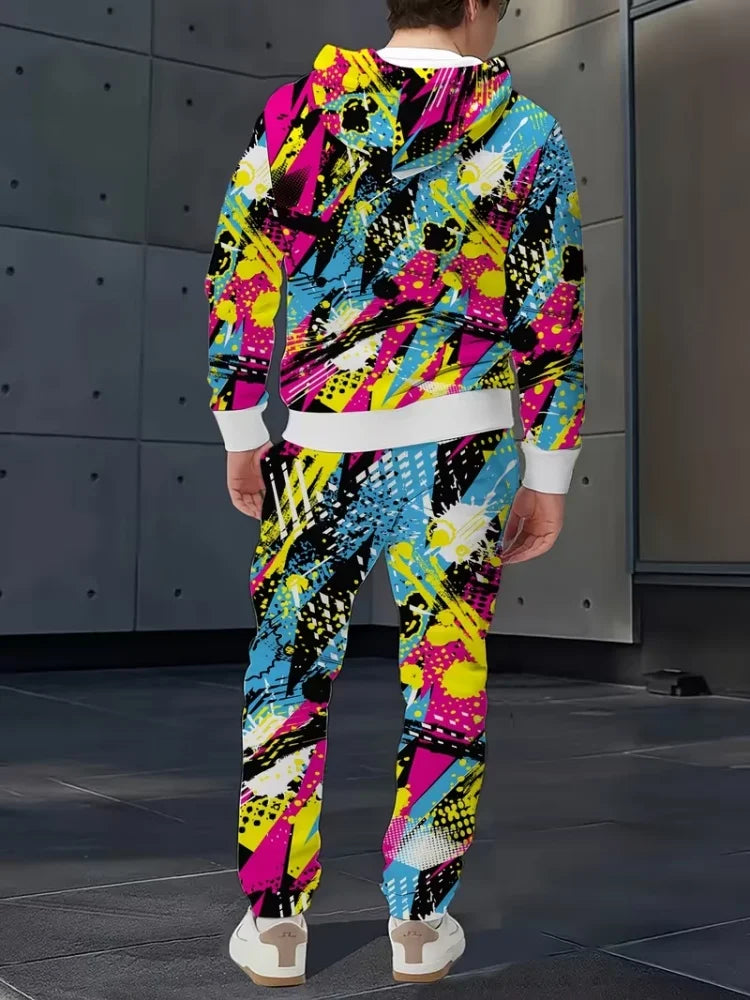 Men 2 Piece Tracksuit Colorful Graffiti Full Print Hoodie Sweatshirt Jogger Pants Set Loose Hip Hop Streetwear Sports Outfits