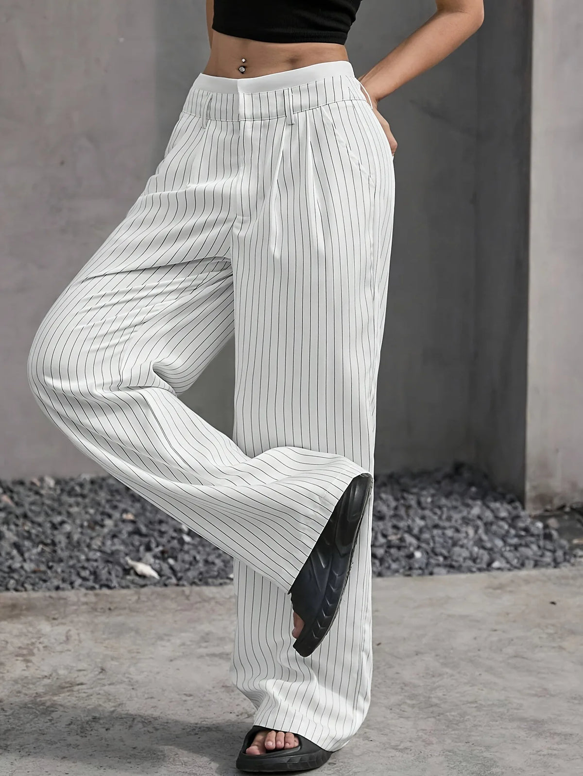 Women's Straight Leg Pinstripe Trousers High Waist Office Business Pants Casual Striped Dressy With Pockets