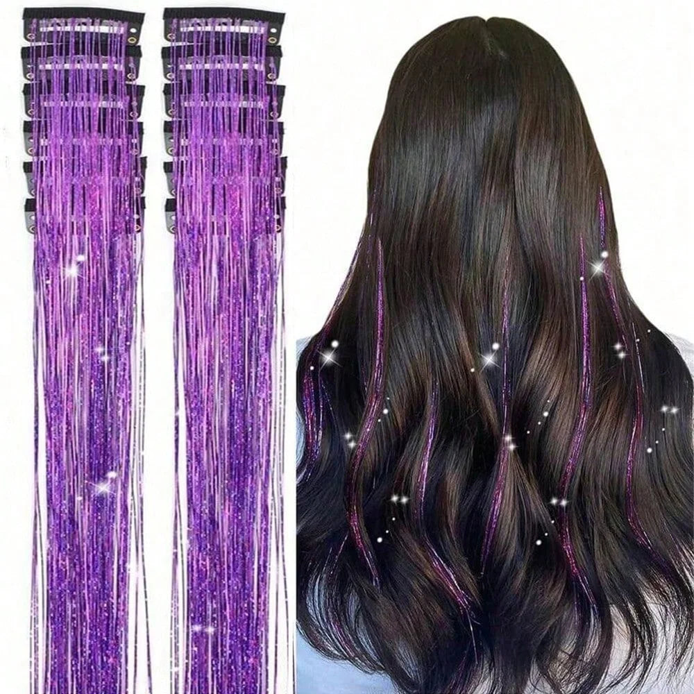 12Pcs Hair Tinsel Clip In 19.7" Glitter Tinsel Hair Extensions Synthetic Clip In Sparkle Hair Accessories For Kids Girls Women