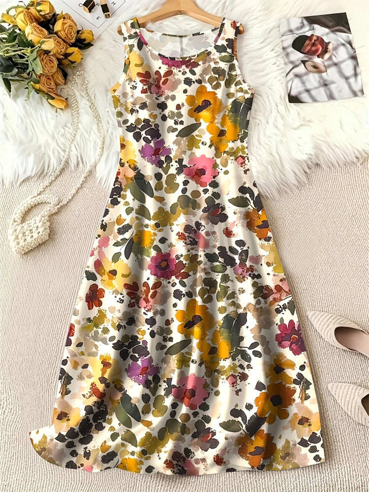 Summer Fashion Round-Neck Women's Dresses Botanical Floral Color-Blocked Patchwork Dresses Travel Party and Beach Dresses