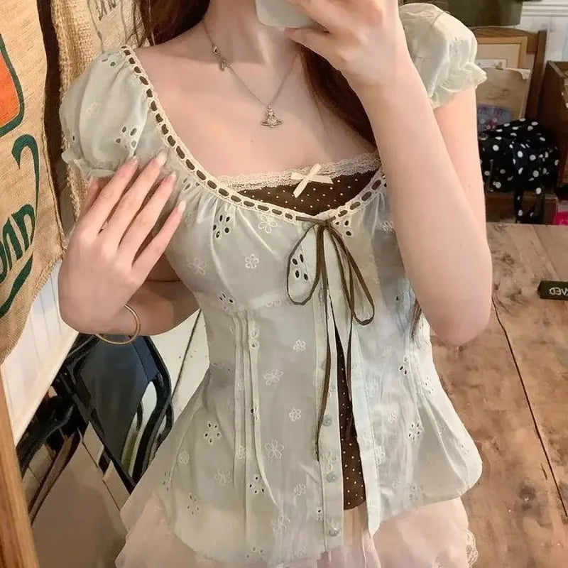 Kawaii Lolita Fake Two Piece Shirts Women Slim Elegant Lace Bow Tees Japanese Harajuku Y2K Sweet Cute Blouse Street Daily Outfit
