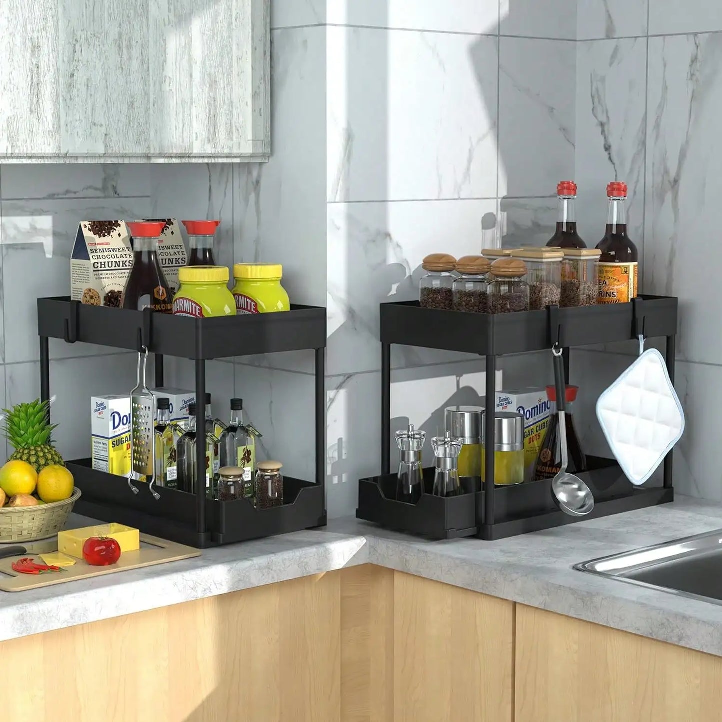2-Tier Under Sink Organizer with Pull Out Drawer, Slide-Out Cabinet Storage Rack, Stainless Steel Kitchen Shelf with 5 Hooks & 2 Hanging Baskets