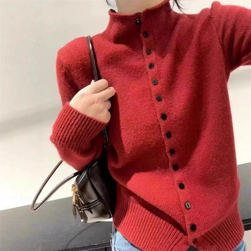 Women Stand Collar Button Down Knit Cardigan Sweater Korean Style Casual Knitwear Solid Color Soft Knitted Top for Autumn Winter