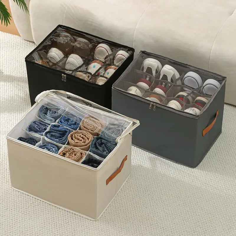 Foldable Fabric 12 Grid Shoe Storage Box Clear Zipper Lid With Handle Sneaker Organizer For Bedroom Daily Storage
