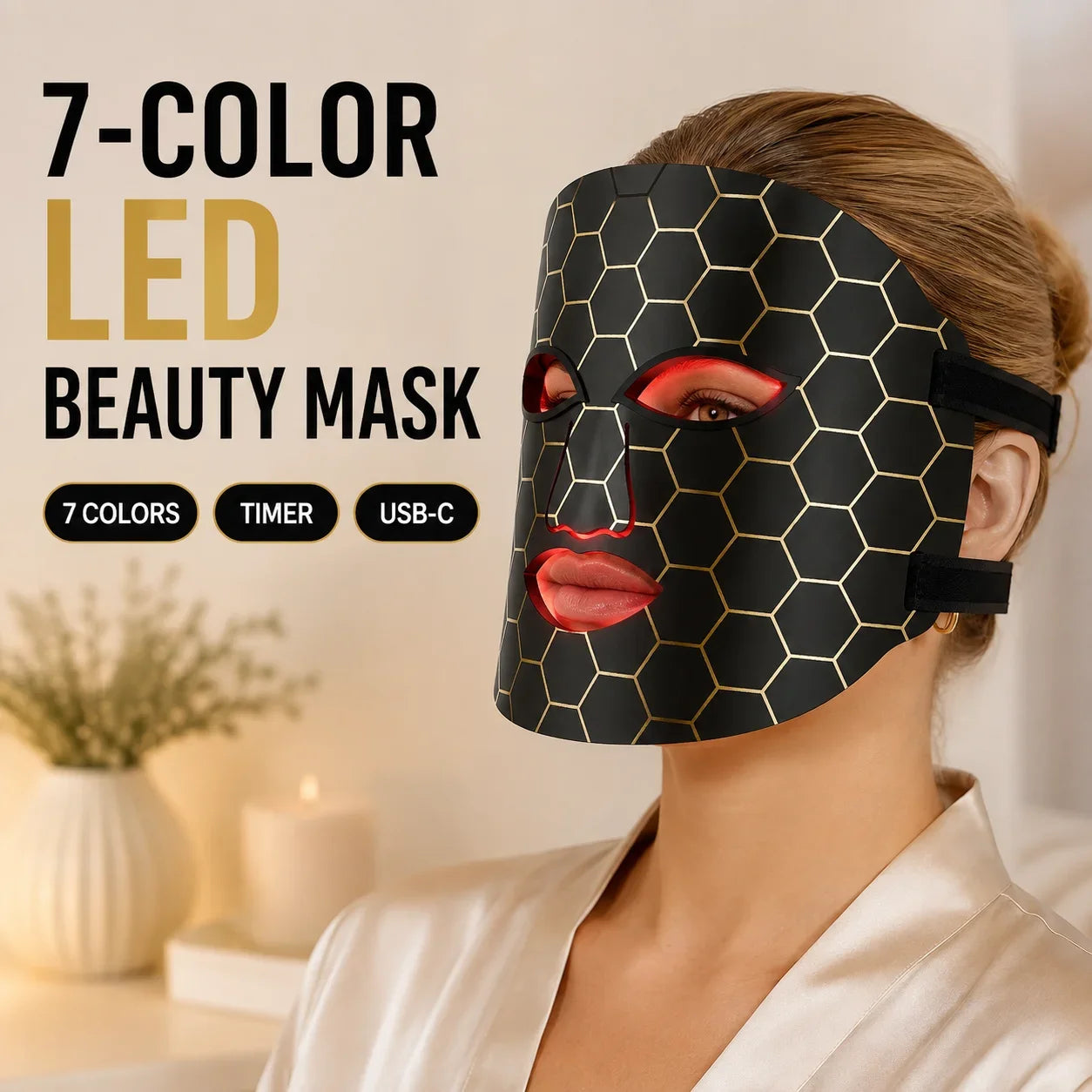 7 Color LED Face Mask Full Face Beauty Device USB-C Rechargeable 5/10/15 Min Timer Adjustable Strap Home Skin Care Mask Portable