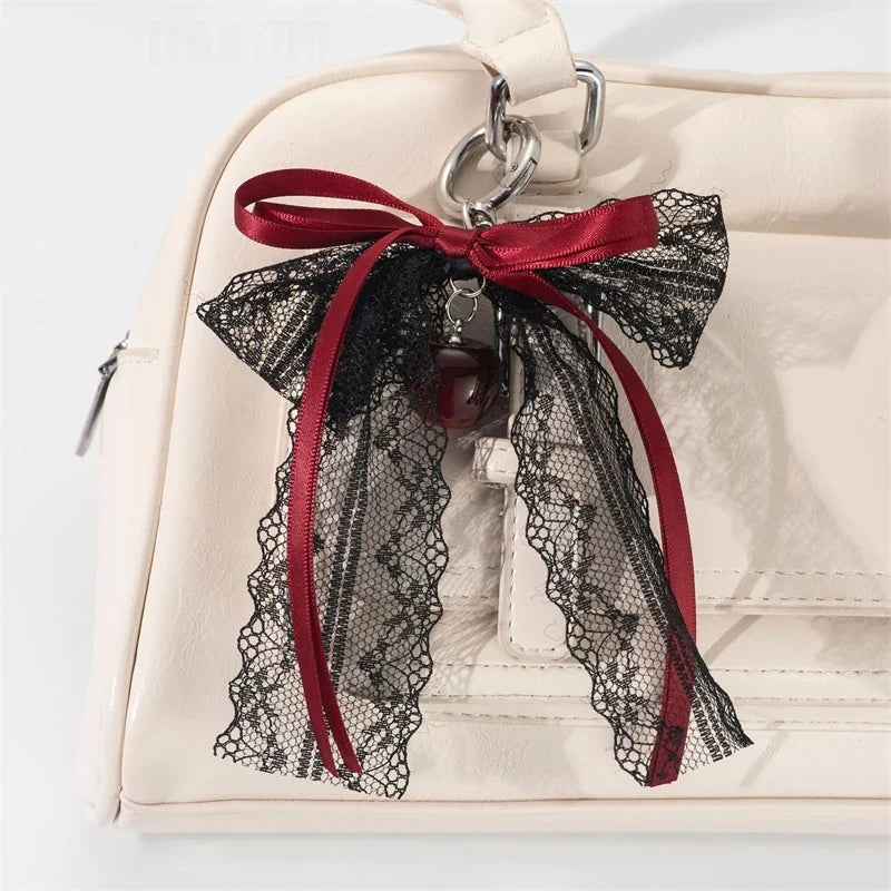 Lace bow Keychain Hollow Red Ribbon Cherry Pendant Women Handbag and Backpack Key Chain Exquisite Ornament Holiday Gift Decor
