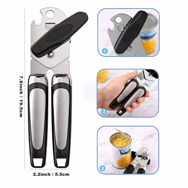 Stainless Steel Can Opener Multifunctional Side Cut Professional Kitchen Tool with Bottle Opener Non Slip Handle Dishwasher Safe