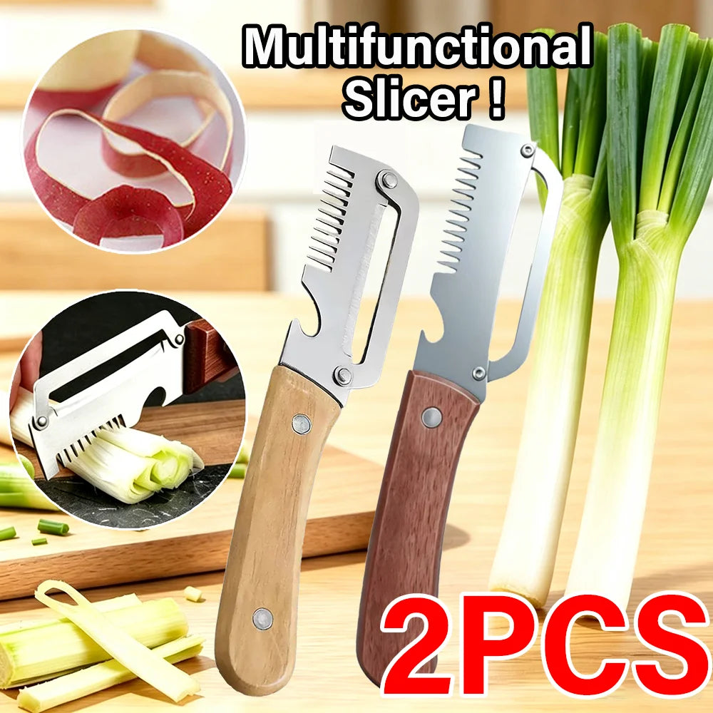 2-in-1 Stainless Steel Peeler Multi-Functional Serrated Vegetable Slicer Fruit Peeling Slicing Wooden Handle New Kitchen Knife