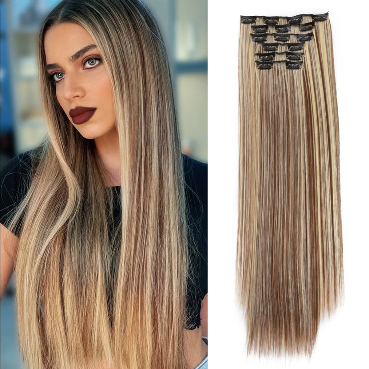 Synthetic Clip In Hair Extensions 6PCS Hair Extensions 24 Inch Long Straight 16 Clip On Hairpieces For Women Girls