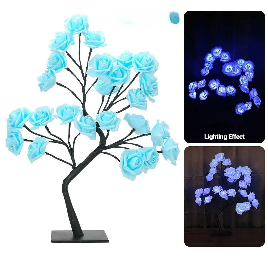 LED Rose Tree Desk Lamp USB Powered Artificial Flower Night Light Bedroom Living Room Party Wedding Valentine's Day Decoration