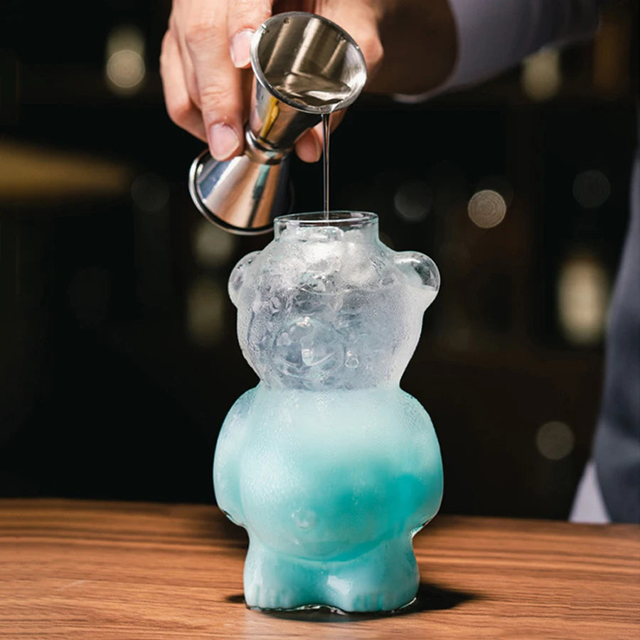 YWDL 1/2pcs Cartoon Bear Shaped Glass Cup With Straw 300ml Transparent Juice Cocktail Glass Cup Restaurant Home Coffee Milk Cup