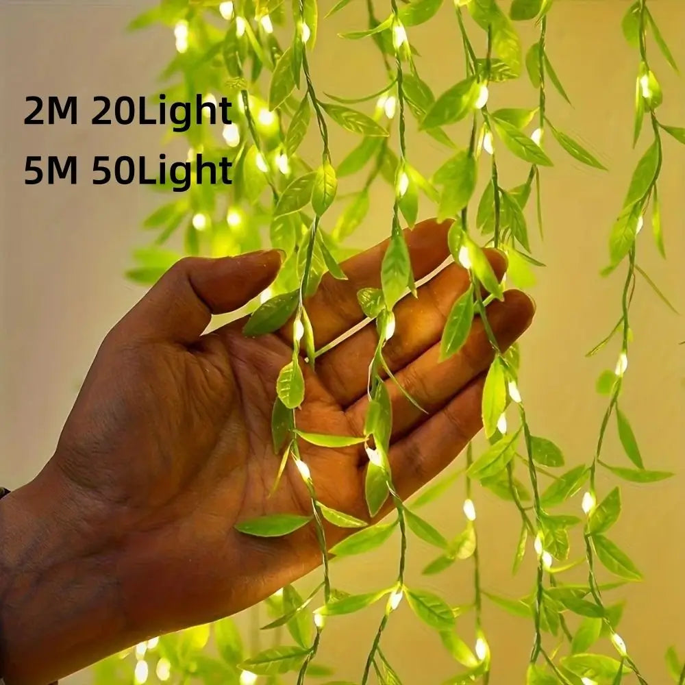 2/5M 20Light Willow Leaf String Lights Always on Battery Box Willow Curtain Lamp Artificial Flowers Desktop Decoration