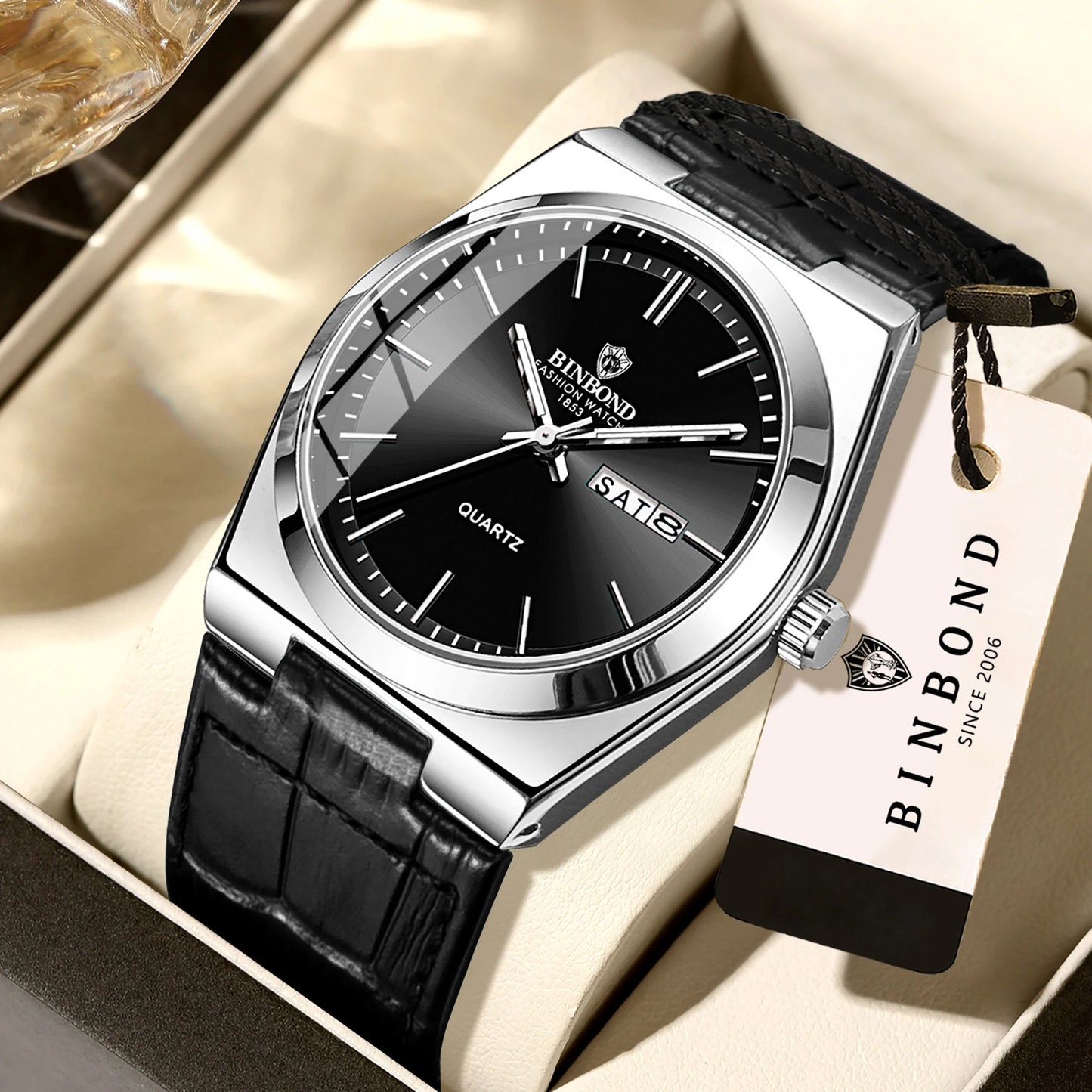 BINBOND Durable Men's Watch Reloj Leather Strap Luxury Quartz Wristwatches Precise Luminous Waterproof Auto Date Week Display