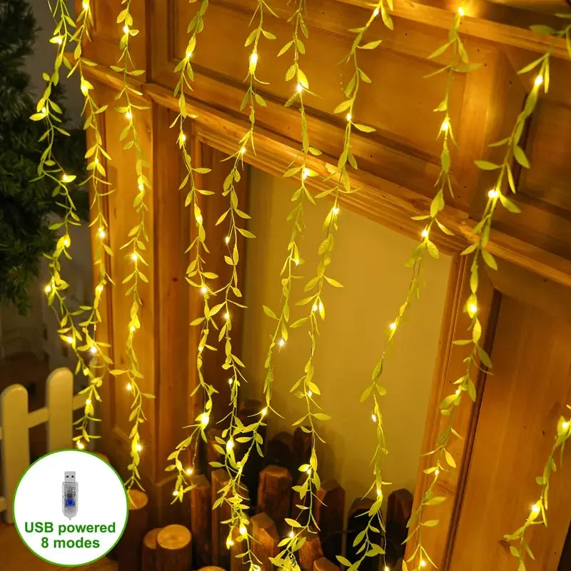 3M USB Maple Leaf Curtain Lights Ivy Artificial Green Leaf Garland Fairy Light String for Indoor Outdoor Wedding Wall Decoration
