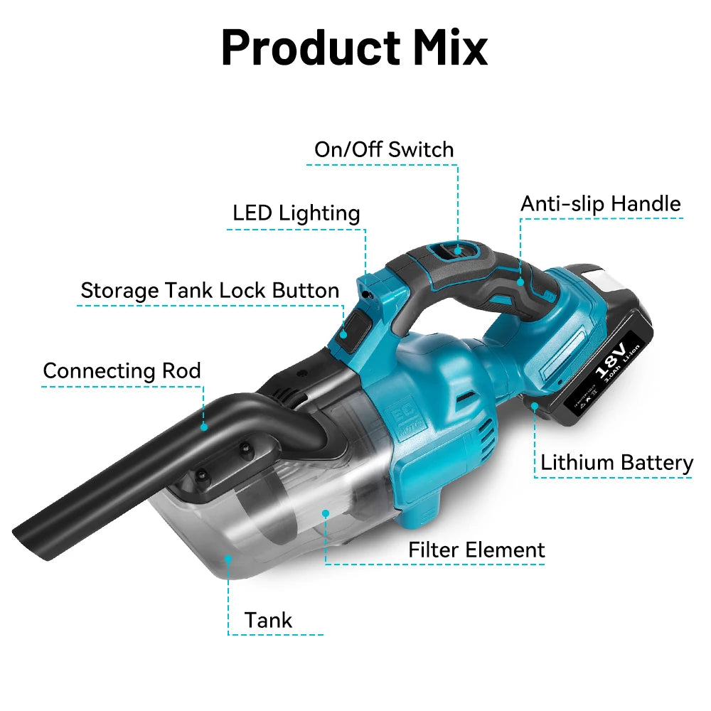  16000pa Cordless Electric Vacuum Cleaner Handheld Home Car Dual Use Dry/Wet Dust Carpet Cleaning Tool for Makita 18v Battery