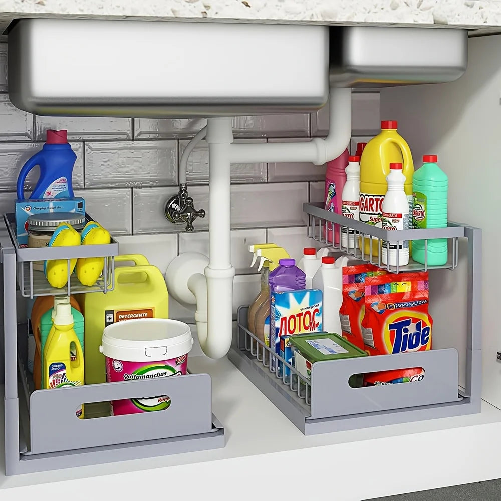 Under Sink Slide-Out Storage Rack, Metal Pull-Out Drawer Organizer for Kitchen & Bathroom