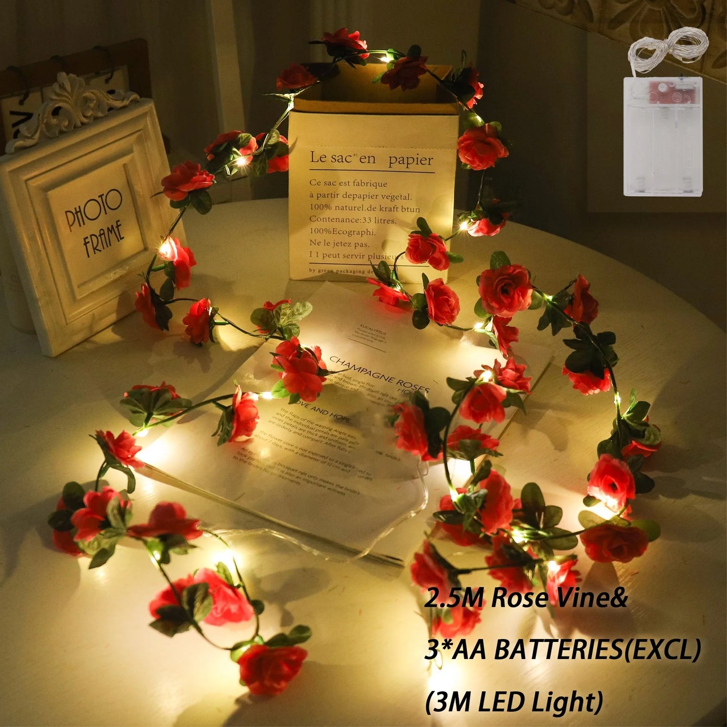 Rose LED Lights String Artificial Flowers Ivy Leaves Wedding Garland Home Room Decoration Arch Hanging Wall Garden Party Decor